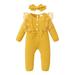 Kucnuzki Infant Girl Clothes 3 Months Infant Girl Fall-Winter Bodysuit 6 Months Infant Girl Long Sleeve Solid Color Ruffled Lace Layer Bowknot Button Casual Bodysuit Headband 2PCS Set Yellow