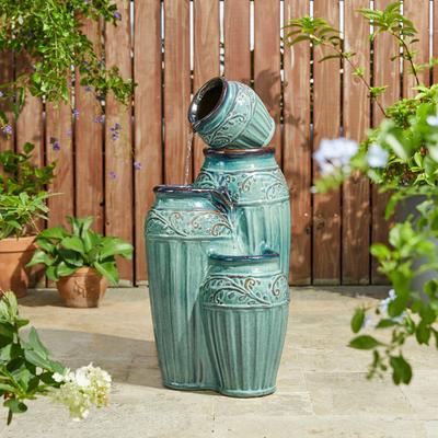 Glitzhome 27"H/35"H 4-Tier Embossed Pattern LED Ceramic Pots Fountain