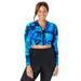 Plus Size Women's Chlorine Resistant Long Sleeved Cropped Zip Tee by Swimsuits For All in Blue Electric Palm (Size 16)