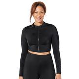 Plus Size Women's Chlorine Resistant Long Sleeved Cropped Zip Tee by Swimsuits For All in Black (Size 22)