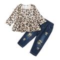 KIMI BEAR Newborn Baby Girls Jeans Outfits 18 Months Girls Fall Winter Clothing Set 24 Months Girls Casual Leopard Element Long Sleeve Ruffled Top Ripped Jeans 2PCs Set Khaki