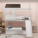 Twin Over Twin Bunk Bed with Two Storage Drawers and Slide, House-Shaped Wood Bunk Bed