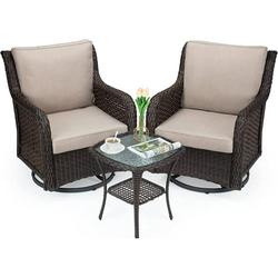 Outdoor 360Â° Swivel Rocker Patio Chairs Set of 2 and Matching End Table IDEALHOUSE 3 Pieces Wicker Patio Bistro Set with Premium Fabric Cushions for Yard Garden Balcony (Beige Encryption Rattan)