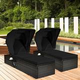 Costway 2PCS Patio Rattan Lounge Chair Chaise Cushion Canopy Adjustable Tea Table Black
