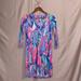 Lilly Pulitzer Dresses | Lily Pulitzer 100% Pima Cotton Abstract Bright 34 Sleeve Plunge Mini Dress Xxs | Color: Blue/Pink | Size: Xxs