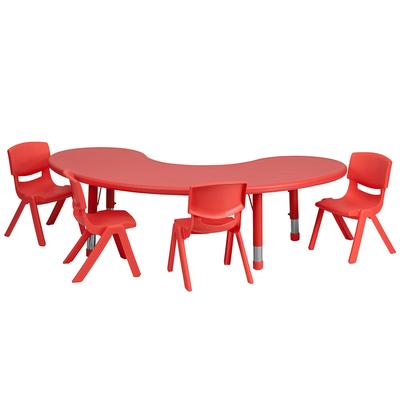 Flash Furniture YU-YCX-0043-2-MOON-TBL-RED-E-GG Half Moon Preschool Activity Table & 4 Chair Set - 35"L x 65"W, Plastic Top, Red