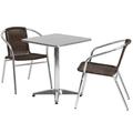 Flash Furniture TLH-ALUM-24SQ-020CHR2-GG 23 1/2" Square Patio Table & (2) Brown Rattan Arm Chair Set - Stainless Top, Aluminum Base, Stainless Steel