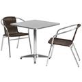 Flash Furniture TLH-ALUM-28SQ-020CHR2-GG 27 1/2" Square Patio Table & (2) Brown Rattan Arm Chair Set - Stainless Top, Aluminum Base, Stainless Steel
