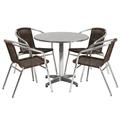 Flash Furniture TLH-ALUM-32RD-020CHR4-GG 31 1/2" Round Patio Table & (4) Brown Rattan Arm Chair Set - Stainless Top, Aluminum Base, Stainless Steel