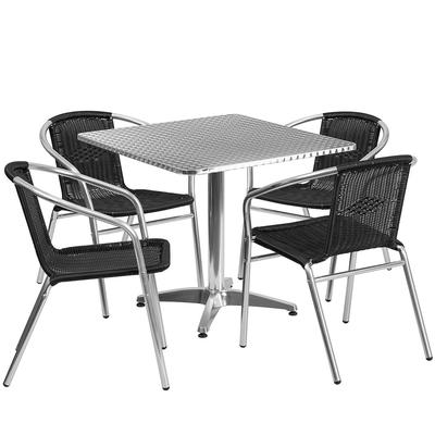 Flash Furniture TLH-ALUM-32SQ-020BKCHR4-GG 31 1/2" Square Patio Table & (4) Black Rattan Arm Chair Set - Stainless Top, Aluminum Base