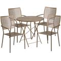 Flash Furniture CO-30RDF-02CHR4-GD-GG 30" Round Folding Patio Table & (4) Square Back Arm Chair Set - Steel, Gold