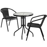 Flash Furniture TLH-071RD-037BK2-GG 23 3/4" Round Patio Table & (2) Black Rattan Arm Chair Set - Glass Top, Black Metal Base