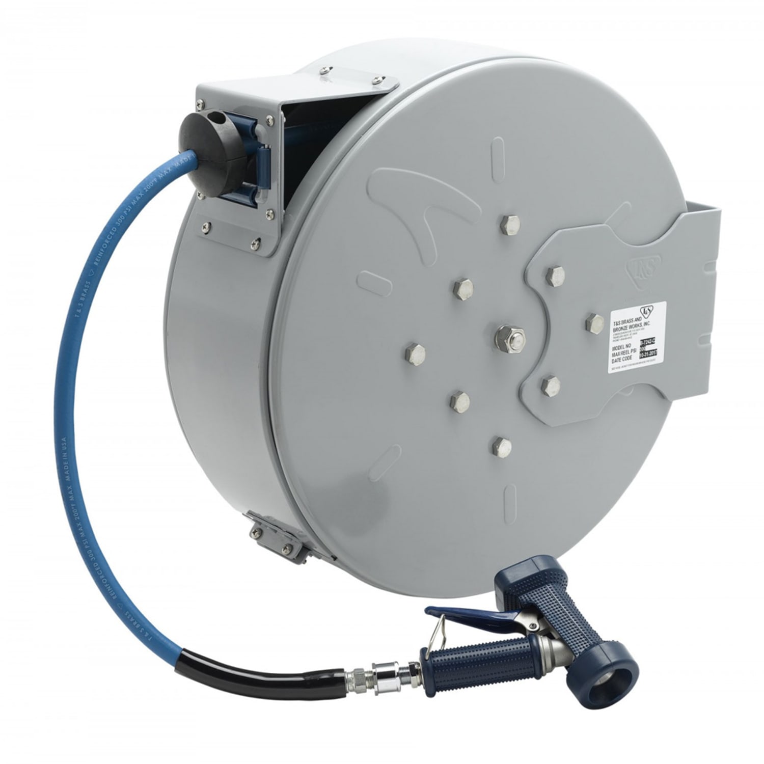 T&S B-7242-C02 Hose Reel, 50 ft, 3/8"Diameter, Rear Water Gun, Epoxy Coated Steel, Silver