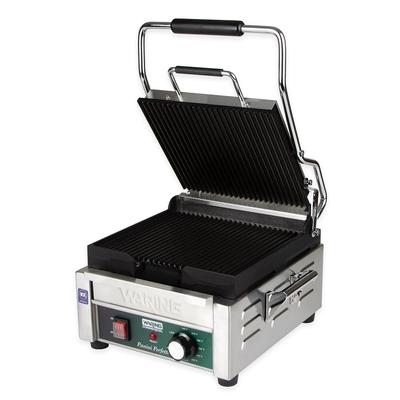 Waring WPG150 Single Commercial Panini Press w/ Cast Iron Grooved Plates, 120v, Grooved Cast Iron Plates, 9.25" x 9.75" Cooking Surface, Stainless Steel