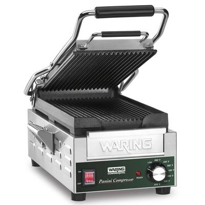 Waring WPG200 Compresso Single Commercial Panini Press w/ Cast Iron Grooved Plates, 120v, Self Adjusting Top Plate, Stainless Steel