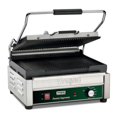 Waring Single Commercial Panini Press w/ Cast Iron Grooved Plates, 120v, Grooved Cast Iron Plates, 14.5" x 11" Cooking Surface, Stainless Steel