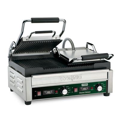 Waring WPG300T Double Commercial Panini Press w/ Cast Iron Grooved Plates, 240v/1ph, Timer, 17" x 9.25" Cooking Surface, Stainless Steel
