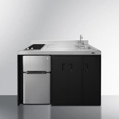 Summit CK54SINKR 54" Kitchenette w/ Sink, Smooth Electric Cooktop, & Refrigerator/Freezer - Black/Silver, 115v