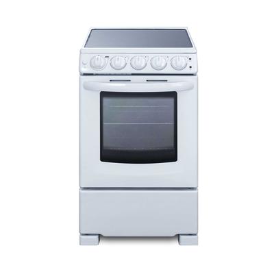 Summit REX2051WRT 20"W Electric Stove w/ 4 Burners - White, 220v/1ph, 2.3-cu.-ft. Capacity Oven, Ceramic Glass Top, Porcelain