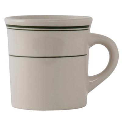 Tuxton TGB-038 9 oz Green Bay Canton Mug - Ceramic, American White/Eggshell w/ Green Band
