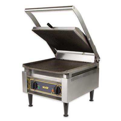 Equipex PANINIXL/1 G/G Single Commercial Panini Press w/ Cast Iron Grooved Plates, 120v, Grooved Cast Iron Plates, 14" x 14" Cooking Surface, Stainless Steel