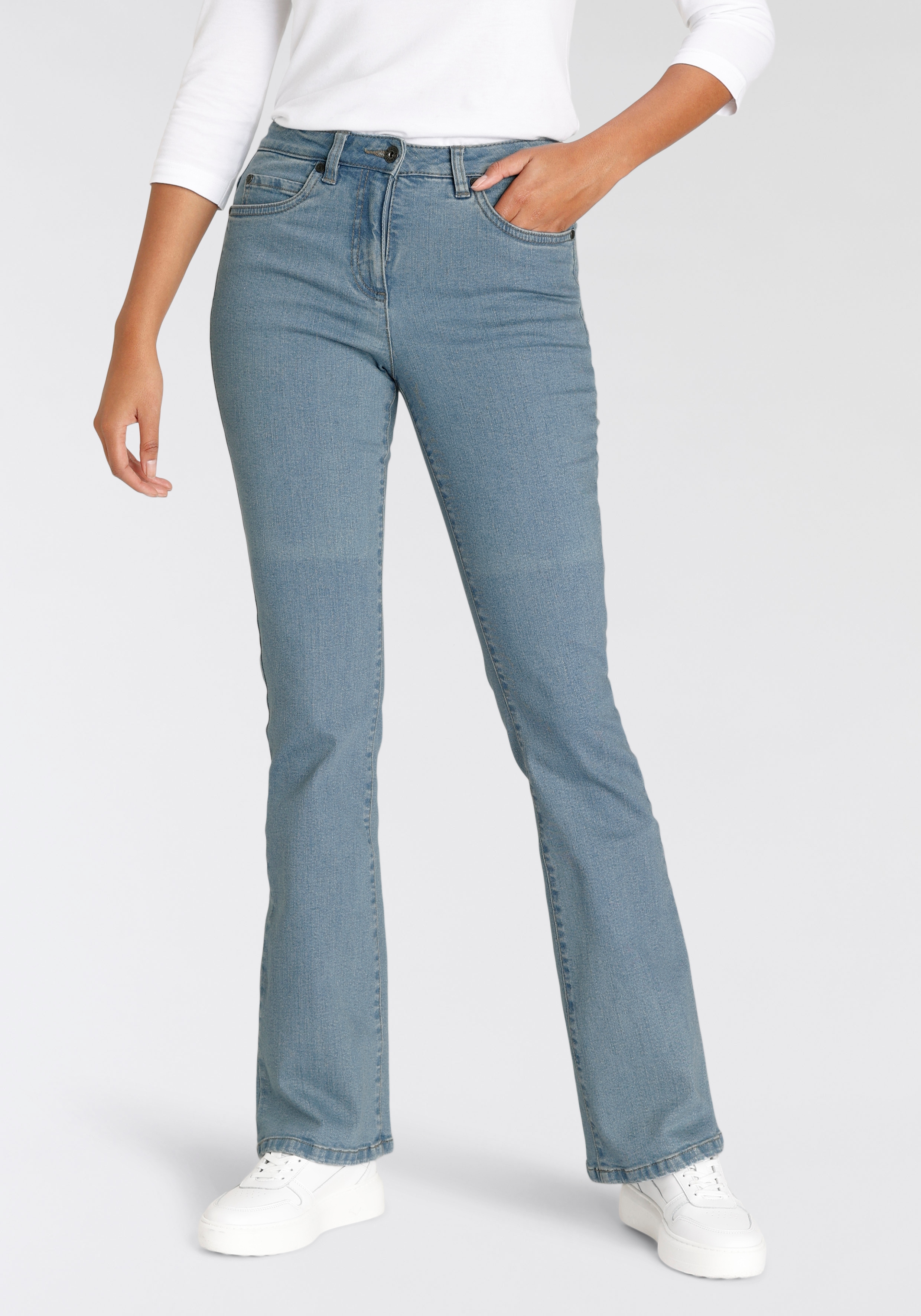 Bootcut-Jeans ARIZONA, Damen, Gr. 22, K + L Gr, blau (bleached), Denim/Jeans, Obermaterial: 98% Baumwolle, 2% Elasthan, clean, Basic, comfort fit lang, Jeans, hohe Leibhöhe