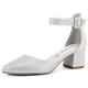 Greatonu Women Wedding Work Party Bridal Closed Pointed Toe Mid Block Heels Ankle Strap Buckle Silver Glitter Mary Jane Court Shoes Size 6 UK