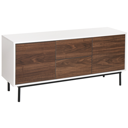 Sideboard Dunkler Holzfarbton und Weiß Faserplatte Stahl 120 x 38 x 55 cm Holzoptik Schubladen Türen Tip-on Technik Metallgestell Wohnzimmer