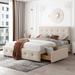 Light Beige Queen Size Upholstered Platform Bed with Classic Headboard and 4 Drawers, No Box Spring Needed, Linen Fabric