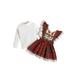 Arvbitana Baby Girls Christmas Princess Outfits Long Sleeve Solid Color Ribbed Pullover Top + Lace Trim Plaid Suspender Dresses New Year Elegant Cute Skirt Set 2Pcs 0-24M