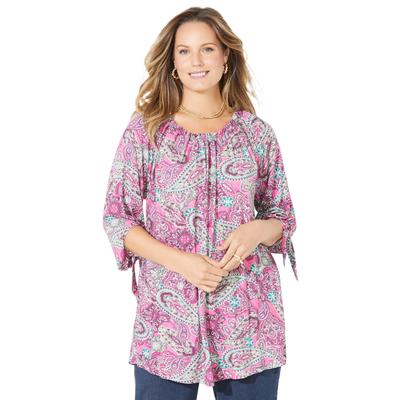 Plus Size Women's Ruched Neck Tie-Sleeve Top by Catherines in Vintage Rose Outlined Paisley (Size 5X)