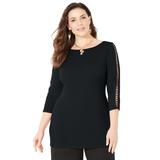 Plus Size Women's Curvy Collection Boatneck Top with Lace-Up Sleeves by Catherines in Black (Size 4X)