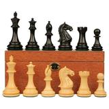 Fierce Knight Staunton Chess Set Ebonized & Boxwood Pieces with Mahogany Chess Box - 3.5 King