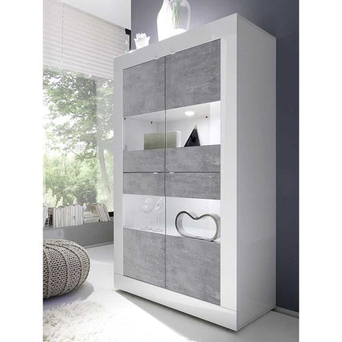 Wohnzimmer Vitrinenschrank in Beton Grau Hochglanz weiss