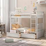 Twin Over Twin Bunk Bed with Drawers & Ladder, Soild Wood Bunkbed Frame with Full Length Guardrail, Convertible into 2 Daybeds