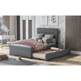 Full Size Linen Upholstered Platform Bed with Headboard and Trundle, Solid Pinewood Bedframe, No Box Spring Required