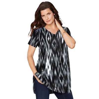 Plus Size Women's Short-Sleeve V Neck Ultimate Tunic by Roaman's in Black Ikat Diamonds (Size 1X) Long T-Shirt Tee