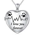 S925 Sterling Silver Puppy Dog Cat Pet Paw Print Love Heart Pendant Necklace 18 inches, Sterling Silver, No Gemstone