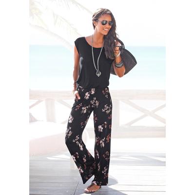 Overall LASCANA, Damen, Gr. 44, N-Gr, bunt (bedruckt), Jersey, Obermaterial: 100% Viskose, bedruckt, casual, figurumspielend lang, Rundhals, Kurzarm, Overalls, mit weitem Bein und Taschen, lockerer Jumpsuit, sommerlich, Topseller