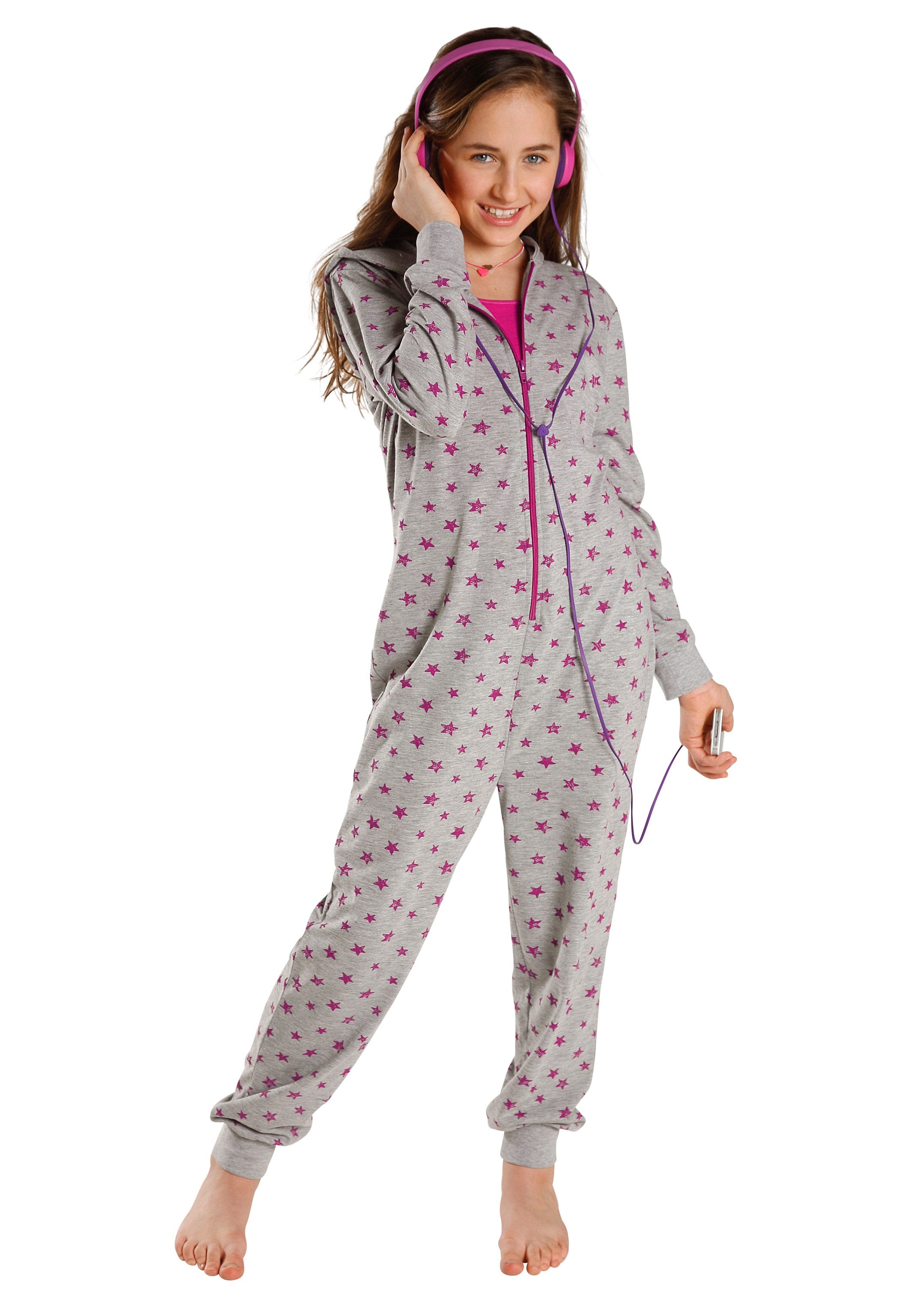 Overall PETITE FLEUR, Kinder, Gr. 134/140, lila (grau, meliert, beere), Jersey, Obermaterial: 60% Baumwolle, 40% Polyester, bedruckt, Basic, lässig geschnitten lang, Rundhals, angesetztes Bündchen, Overalls, toller Einteiler zum Relaxen, allover... Image