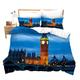 Loussiesd The Big Ben Comforter Cover Set King Size Modern London Themed Duvet Cover 3D City Scenery Bedding Set Blue Cityscape Bedspread Cover with 2 Pillow Shams Microfiber Bed Cover Zipper