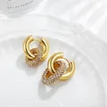 Luxury Bling Cubic Zirconia Round Circle Oval Stainless Steel Thick Hoop Earrings Gold Color