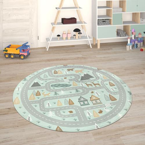 Paco Home Kinderteppich Teppich Kinderzimmer Spielmatte Straßenteppich Spielteppich Türkis, 80 cm