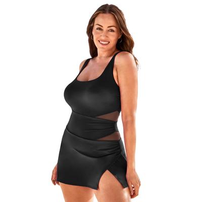 Plus Size Women's Square Neck Mesh Cut Out Swimdress by Swimsuits For All in Black (Size 22)