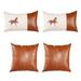 Boho Embroidered Horse Handmade Set of 4 Throw Pillow 12" x 20" & 18" x 18" Vegan Faux Leather Solid Beige & Brown