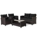 Costway 4 Pieces Patio Rattan Furniture Set with Tempered Glass Coffee Table-Black