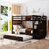 Twin-Over-Twin Bunk Bed with Twin Size Trundle and 3 Storage Stairs, Espresso