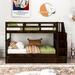 Espresso Stairway Functional Twin-Over-Twin Wood Bunk Bed with 1 Twin Trundle, 3 Open Compartments and 1 Mini-Door Storage Space