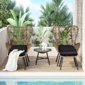 TOPMAX Outdoor Patio 5-Piece Rattan Conversation Set PE Wicker Arm Chairs with Stools and Tempered Glass Tea Table for Balcony Natural Rattan+Dark Gray