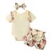 Girls Ruffles Short Sleeve Ribbed Romper Bodysuits Bowknot Floral Printed Shorts Headbands Outfits